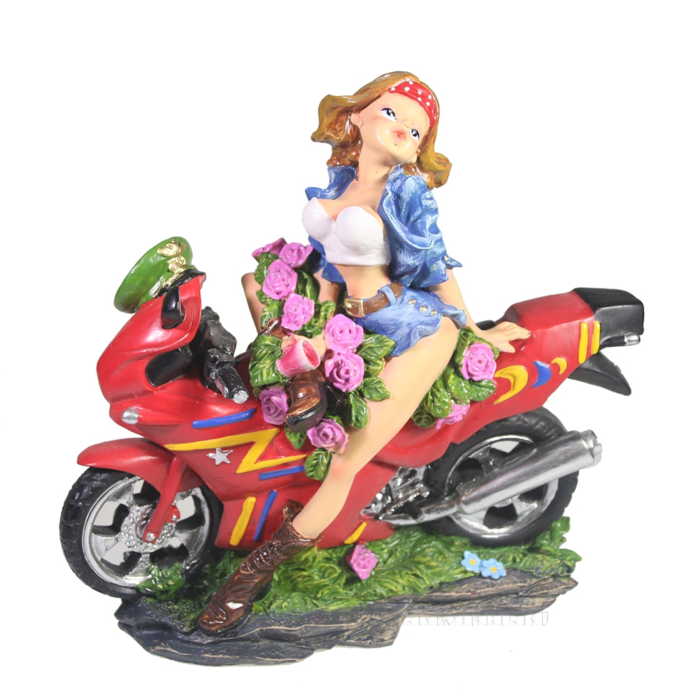 Фигура декоративная Девушка на мотоцикле (костюм: джинс + байк: красный)19*18*5см оптом